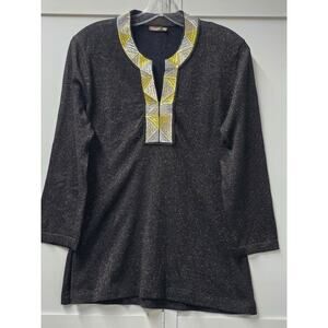 J McLaughlin Xlarge Tunic Top metallic Embroidered Black Gold Silver Aztec